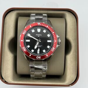 Fossil Dalton BQ2896 Mens 42mm Stainless Steel Black Dial Red Bezel Quartz